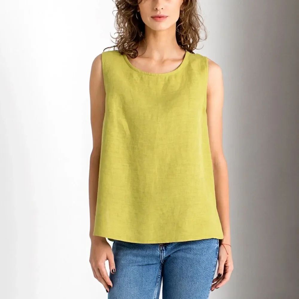 Kathleen Sommers Linen Sleeveless Round Neck Tank Top In Pistachio Size 0X